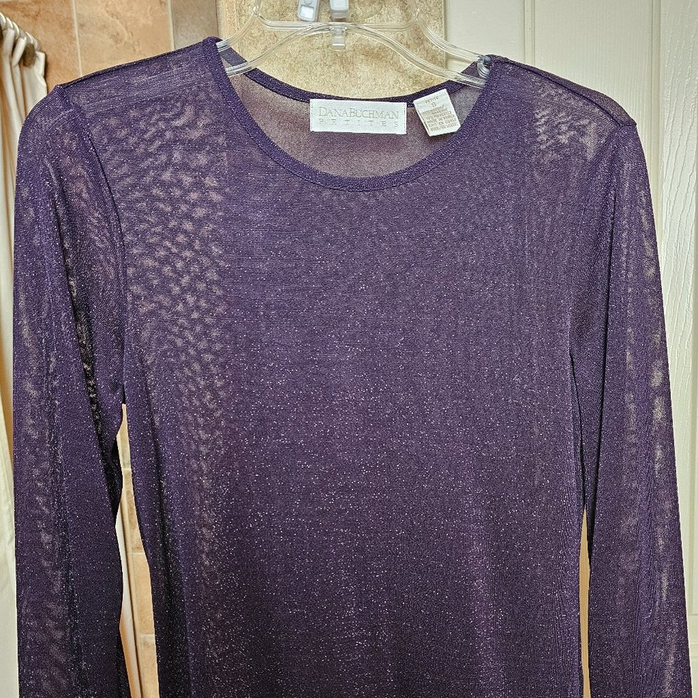 NWT Beautiful Dana Buchman Petite Sheer Plum and Silver Long Sleeve top - size S